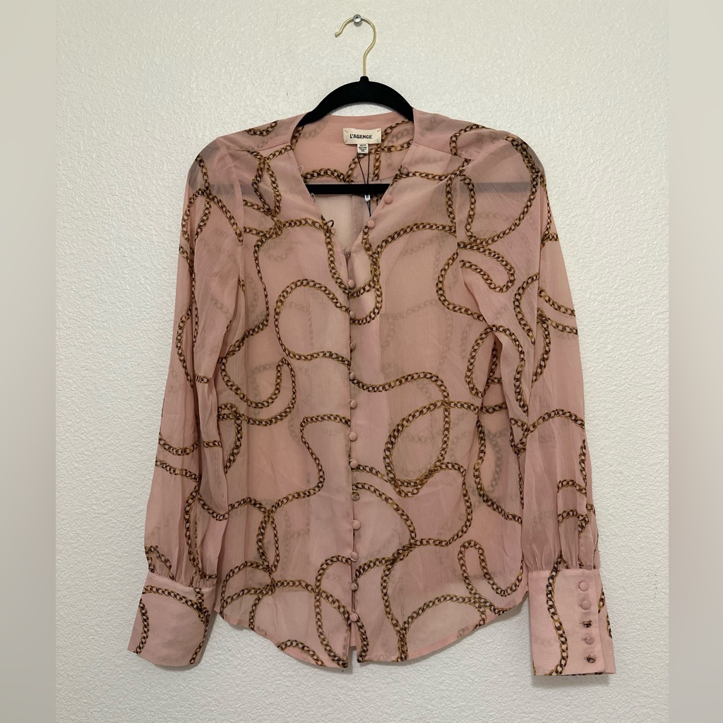 New L’agence Button Loop Up V Neck Long Sleeve Blouse Petal Xs